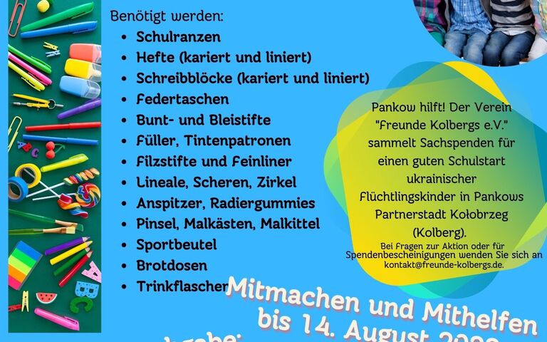 Spendenaktion Sachspenden für Kolberg. Plakat beschreibt die Aktion, die gesuchten Spenden und die Abgabeorte.