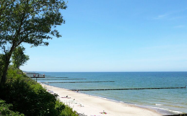 Strand mit Dünen und Bäumen und Meer bei Ustronie Morskie. Foto: Kolberg-Café