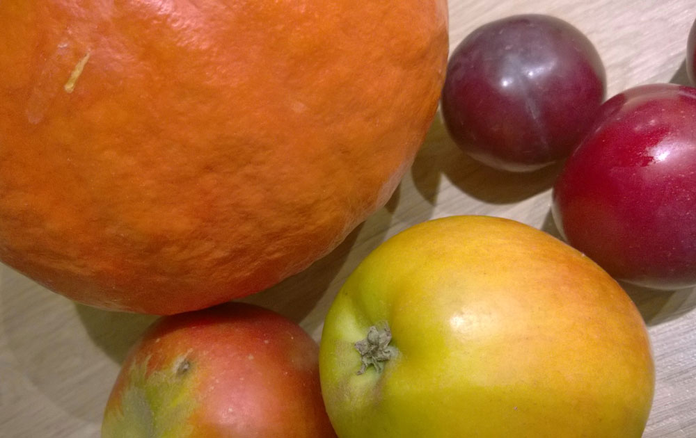 Äpfel, Pflaumen und ein Kürbis. Foto: Kolberg-Café